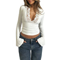 New Fashion Women's Fall Sexy Tops Slim Lace Trim Deep V Neck Bell Sleeve Crop Shirt Casual Streetwear