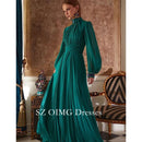 OIMG Gorgeous Fashion High Neck Green Prom Dresses Puff Sleeves Customized Elegant Satin Vintage  Gowns Formal Party Dress