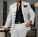 Patterned Black Men's Suit 2-piece Jacket Pants Wedding Groom Tuxedo Stand Collar Blazer Classic Jacquard Outfit