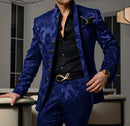 Patterned Black Men's Suit 2-piece Jacket Pants Wedding Groom Tuxedo Stand Collar Blazer Classic Jacquard Outfit