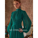OIMG Gorgeous Fashion High Neck Green Prom Dresses Puff Sleeves Customized Elegant Satin Vintage  Gowns Formal Party Dress