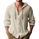 2024 New Spring and Summer Men's Hooded T-shirt Solid Color Cotton Linen Men's Casual Long Sleeved Top
