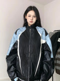 American Style Loose Women's Biker Jacket Color Block Windproof Spring Autumn Casual Top Trendy Outerwear Motorcycle Coat
