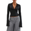 New Fashion Women's Fall Sexy Tops Slim Lace Trim Deep V Neck Bell Sleeve Crop Shirt Casual Streetwear