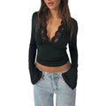New Fashion Women's Fall Sexy Tops Slim Lace Trim Deep V Neck Bell Sleeve Crop Shirt Casual Streetwear