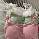 Summer Lace Strap Patchwork Camisole Women Solid Color Sleeveless Buttons Tank Top