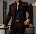 Patterned Black Men's Suit 2-piece Jacket Pants Wedding Groom Tuxedo Stand Collar Blazer Classic Jacquard Outfit