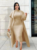 Plus Size Women Clothing Winter Outwear Long Sleeve Thick Overcoat with Dress Two Piece Ladies Large Matching Sets Fleece Suit