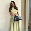 Irregular Elegant Pleated Midi Dress For Women Fashion Street Short Sleeve Patchwork Long Dress Casual Office Lady Neck Vestidos