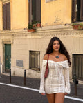 Women Elegant Off Shoulder Lace Up Ruffle Edge Dress Chic Hollow Out Puff Long Sleeves Maxi Slim Dresses Spring Lady Street Robe