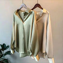Women Autumn Shirt Vintage Satin Blouse Long Sleeve Button Down Silky Shirt Work Office Top Ladies Casual Shirt