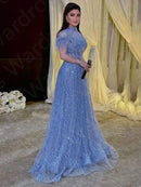 Customized Sparkling Baby Blue Evening Dresses Middle East 2024 Prom Party Gown Short Sleeves Feathers Wedding Guest Gown Sequin
