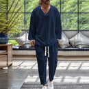 2024 Spring/Fall trend Men's Fashion V-neck shirt Casual comfortable loose high-end long sleeve pants solid color beach suit