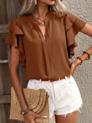 Rose red Elegant Pullover Blouse 2024 Women's Summer New V-neck Casual Double Layered Ruffle Sleeves Solid Color Shirt Top