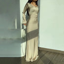 Fashionable new round neck long sleeved lace up solid color elegant waist cinching dress