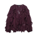 TFMLN Sexy Women Translucent Ruffles Blouses 2025 New Fashion V-neck Single Breasted Tierred Causal Tops Beach Style Solid Shirt