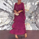 Fashion O-Neck Solid Commuter Long Dress Elegant Casual Layered Ruffle Edge Party Dress Bat Sleeve Chiffon Beach Vacation Dress