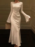 New Autumn Elegant Solid  Dress Women Flare Sleeve Slim Mermaid Spring New French Vintage Wedding Party 2024