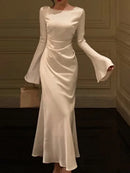 New Autumn Elegant Solid  Dress Women Flare Sleeve Slim Mermaid Spring New French Vintage Wedding Party 2024