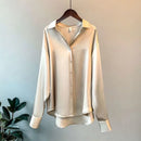 Women Autumn Shirt Vintage Satin Blouse Long Sleeve Button Down Silky Shirt Work Office Top Ladies Casual Shirt