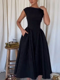 Elegant Solid Women Maxi Dress Fashion Sleeveless Round Neck Retract Waist A Line Pleated Robe 2025 New Lady Party Evening Gown