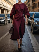 2025 Spring Summer New Women's Fashion Style Elegant Solid Color Waist Dress Casual Bat Sleeve Long Dress Vestidos Para Mujer