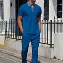 2025 new men's summer trend two-piece waffle collar short sleeve pants Business casual loose short sleeve + pants suit