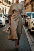 2025 Spring Summer New Women's Fashion Style Elegant Solid Color Waist Dress Casual Bat Sleeve Long Dress Vestidos Para Mujer