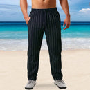 New Men's Cotton Linen Trousers Design Vertical Stripes Breathable Pants Casual Baggy Elastic Waist Straight Leg Sweatpants