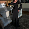 Fashionable new round neck long sleeved lace up solid color elegant waist cinching dress