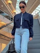 Women Fashion With Pockets Bomber Jacket Coats Vintage Long Sleeve Front Button Casual Female Outerwear Chic Tops
