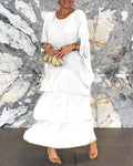 Fashion O-Neck Solid Commuter Long Dress Elegant Casual Layered Ruffle Edge Party Dress Bat Sleeve Chiffon Beach Vacation Dress