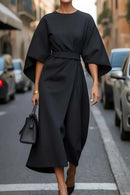 2025 Spring Summer New Women's Fashion Style Elegant Solid Color Waist Dress Casual Bat Sleeve Long Dress Vestidos Para Mujer