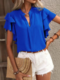 Rose red Elegant Pullover Blouse 2024 Women's Summer New V-neck Casual Double Layered Ruffle Sleeves Solid Color Shirt Top