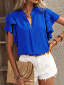 Rose red Elegant Pullover Blouse 2024 Women's Summer New V-neck Casual Double Layered Ruffle Sleeves Solid Color Shirt Top