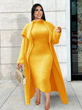 Plus Size Women Clothing Winter Outwear Long Sleeve Thick Overcoat with Dress Two Piece Ladies Large Matching Sets Fleece Suit