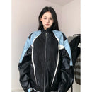 American Style Loose Women's Biker Jacket Color Block Windproof Spring Autumn Casual Top Trendy Outerwear Motorcycle Coat
