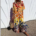 New Women's V-neck Single Breasted Shirt Dress Casual Loose Bohemian Long Dress 2025 Retro Pattern Printed Loose Vacation Dress