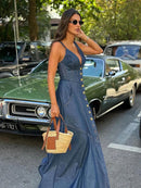 Retro Deep Blue Fold Women Denim Maxi Dress Fashion Short Sleeve V Neck Button Slim Fit Long Dresses Lady New Commute Chic Robes