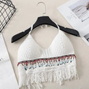 Sexy Boho Beach Holiday Camisole Halter Women Crochet Knit Swimsuit Bra Backless Vest Hollow Tassel Tank Top Women's Crop Tops