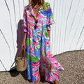 New Women's V-neck Single Breasted Shirt Dress Casual Loose Bohemian Long Dress 2025 Retro Pattern Printed Loose Vacation Dress
