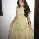 Irregular Elegant Pleated Midi Dress For Women Fashion Street Short Sleeve Patchwork Long Dress Casual Office Lady Neck Vestidos