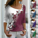 Women Autumn Top Flower Print Contrast Color Long Sleeves V Neck Pullover Warm Soft Floral Pattern Lady T-shirt Female Clothes