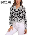 Blue Snakeskin Printed Vintage Blouse Oversize Women's Spring Summer Long Sleeve Lapel  Blouses Fashion OL Female Classic Shirt