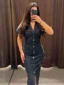 Retro Deep Blue Fold Women Denim Maxi Dress Fashion Short Sleeve V Neck Button Slim Fit Long Dresses Lady New Commute Chic Robes