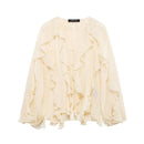 TFMLN Sexy Women Translucent Ruffles Blouses 2025 New Fashion V-neck Single Breasted Tierred Causal Tops Beach Style Solid Shirt