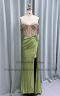GiGiBraut Fancy Satin Prom Dress For Women Mermaid Pleated Slit Crystals Evening Gowns Vestido De Formatura Party Customised