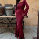 Fashionable new round neck long sleeved lace up solid color elegant waist cinching dress