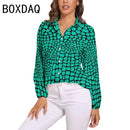 Blue Snakeskin Printed Vintage Blouse Oversize Women's Spring Summer Long Sleeve Lapel  Blouses Fashion OL Female Classic Shirt