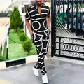 Summer men's fashion trend printed shirt casual suit V-neck short-sleeved trousers comfortable slim high-quality two-piece set